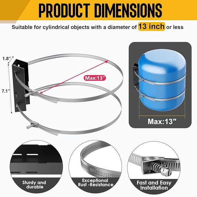 Expansion Tank Mounting Bracket with 2 Earthquake Straps - for 1 to 5 Gallon Thermal Expansion Tanks,Hot Water Heater Accessory to 13" Diameter Tanks & 5lb Propane Tanks, Wall Mount Holder (1)