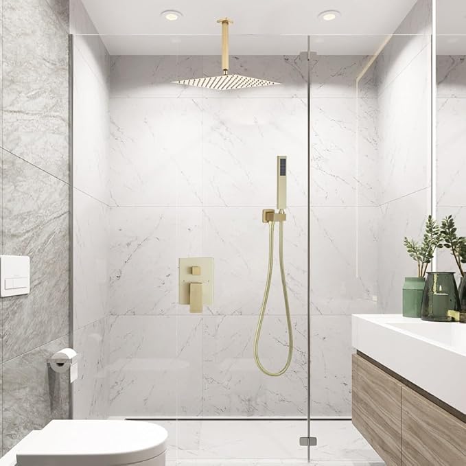 Shower System ‎Brushed Gold Bathroom 10 Inch Rain Shower Head Ceiling Mount with Handheld Luxury High Pressure Shower Combo Set Shower Faucet Rough-in Valve Body and Trim Kit