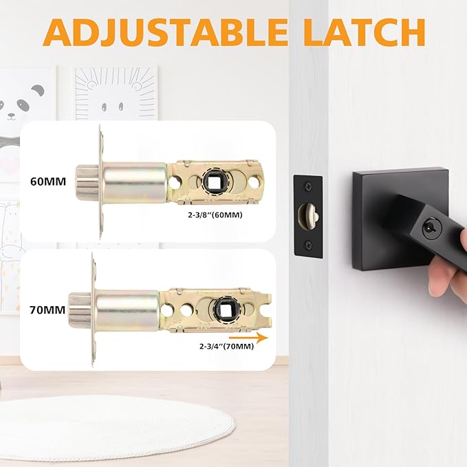Adjustable Door Latch 2-3/8''(60mm) or 2-3/4''(70mm), 45° Turning Angle Universal Door Lock Replacement Part with 3/10'' (7.7mm) Square Hole, Handles or Deadbolts Not Included