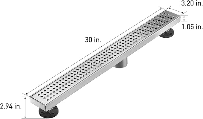 Linear Shower Floor Drain, Brushed Nickel 30 Inch 304 Stainless Steel Bathroom Drains Kit, Long Rectangular Shower Trench Drain with Square Pattern Drain Cover & Hair Catcher