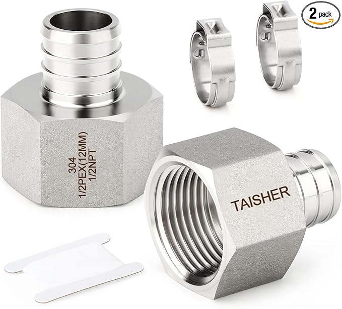 TAISHER 2PCS 304 Stainless Steel Pex Fittings,1/2" Pex x 1/2" NPT Female,1/2" Pex Fitting With 2PCS Hose Clamp For Pex Tubing Pipe