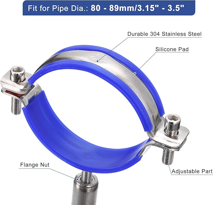 uxcell 2Pcs Stainless Steel Pipe Supports - Adjustable Clamp Pipe Strap - Fit for Dia 80-89mm Pipe Tube