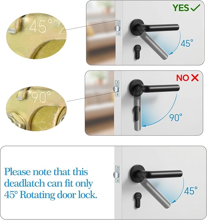 Entry Door Lock Latch Deadlatch Bolt deadbolt Latch Adjustable 2-3/8" or 2-3/4" Size 60/70mm Fit 45° Rotating Angle Door Lock and Lever Door (2, 45D)