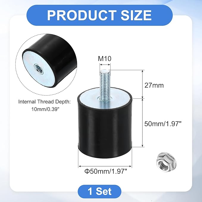 uxcell M10 Rubber Mounts, 1Pcs 50x50mm(DxH) Rubber Cylindrical Anti Vibration Isolator Shock Absorber with Lock Nut for Car Bobbin Generator Air Compressors
