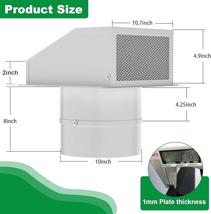 10 Inch Hooded Wall Vent with Screen and Damper, Stainless Steel Wall Vent Exhaust Vent Cover, Exhaust Exterior Air Vent Cover Cap for Kitchen Range Hood HVAC Duct Dryer Ventilation