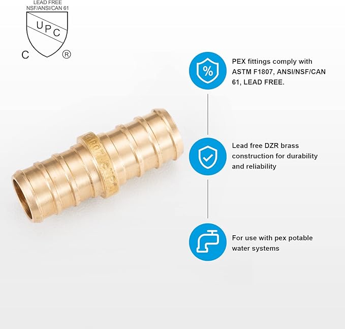 WMAXPFIT(20 Pack) 1/2 Inch PEX Coupling F1807, LF Brass crimp fitting for PEX-b pipe