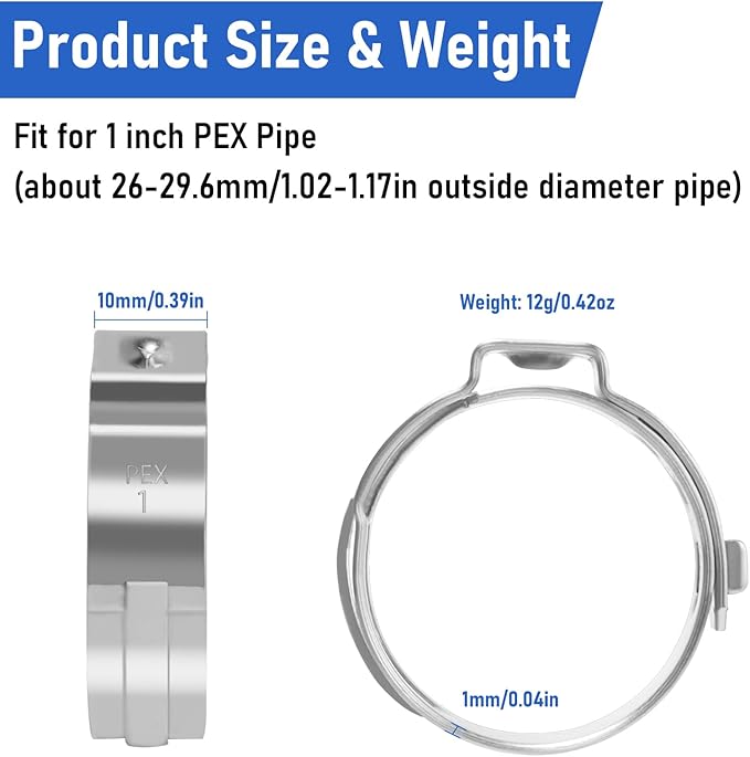 Kodilin 140-Pack 1 Pex Crimp Rings, Heavy-Duty 304 Stainless Steel Single Ear Pex Clamps Wider & Thicker Pex Cinch Clamps for Superior Grip & 360° Seal, Fits PEX Tubing Pipe Fitting Connections