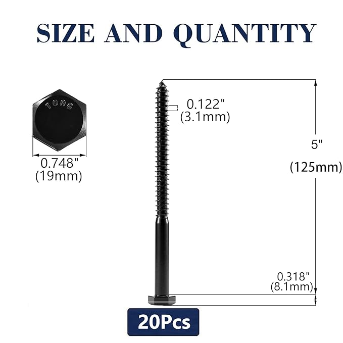 1/2" x 5" Hex Head Lag Screws Bolts 20Pcs 304 Stainless Steel 18-8, Partial Thread, Hexagon Head Wood Screws by Black Oxide by SG TZH
