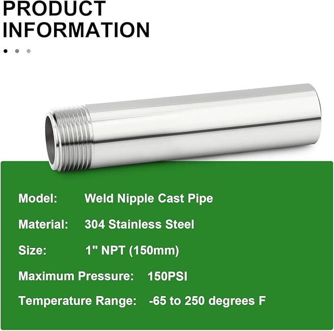 TAISHER 2PCS 304 Stainless Steel Pipe Fittings, 1" NPT Male Threaded, 6" Length Weld Nipple Cast Pipe