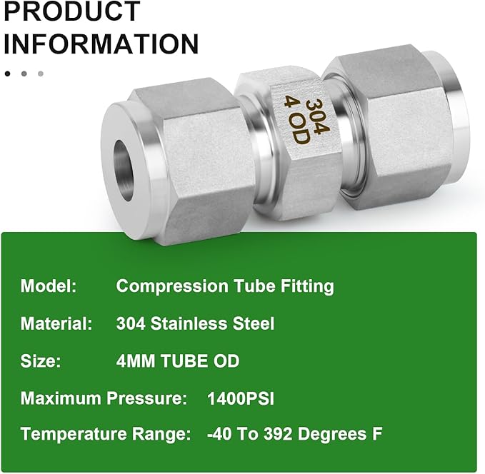 TAISHER 2PCS 304 Stainless Steel Compression Tube Pipe Fitting Connector, 4MM Tube OD x 4MM Tube OD Straight Adapter