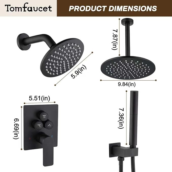 Rain Shower System Matte Black - 3-Function Shower Set, Ceiling & Wall Mount Combo with High-Pressure 2-in-1 Handheld, 30-Minute Easy DIY Install