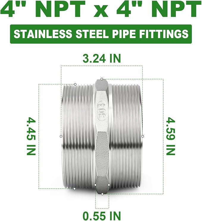 TAISHER 1PCS Cast 304 Stainless Steel Hex Nipple, Pipe Fitting 4" NPT Male x 4" NPT Male