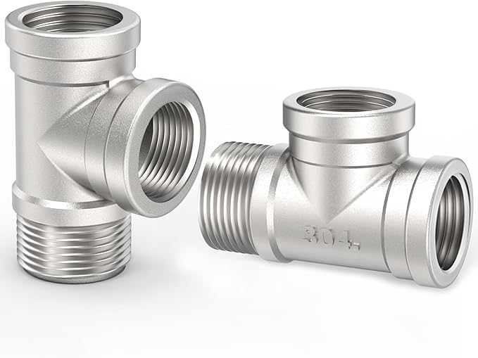 ChillWaves 304 Stainless Steel Pipe Fitting, Male Run Tee 3/8" NPT Female x 3/8" NPT Female x 3/8" NPT Male Thread Adapter(2-PACK)