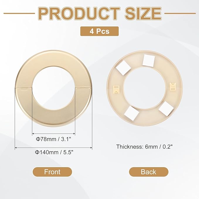 PATIKIL Wall Split Flange 140mm / 5.5" OD, 4 Pcs Round Escutcheon Plate Cover PPR Plumbing Cover Plates with Self-Adhesive Tape for 78mm / 3.1" Dia Water Pipe Faucet, Gold