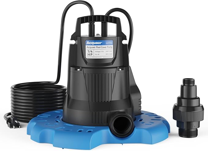 Acquaer 1/3 HP Automatic Swimming Pool Cover Pump, 2950 GPH Submersible water pump with 3/4” Check Valve Adapter & 25ft Power Cord, Water Removal for Pool, Hot Tubs, Rooftops, Water Beds and more