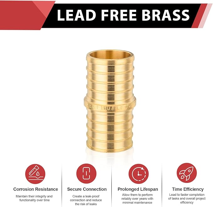 (Pack of 50) EFIELD Pex Barb Crimp Brass Fittings 1-Inch x 1-Inch Straight Couplings, ASTM F1807, UPC Certified (50),(PEX1807010-50PCS)