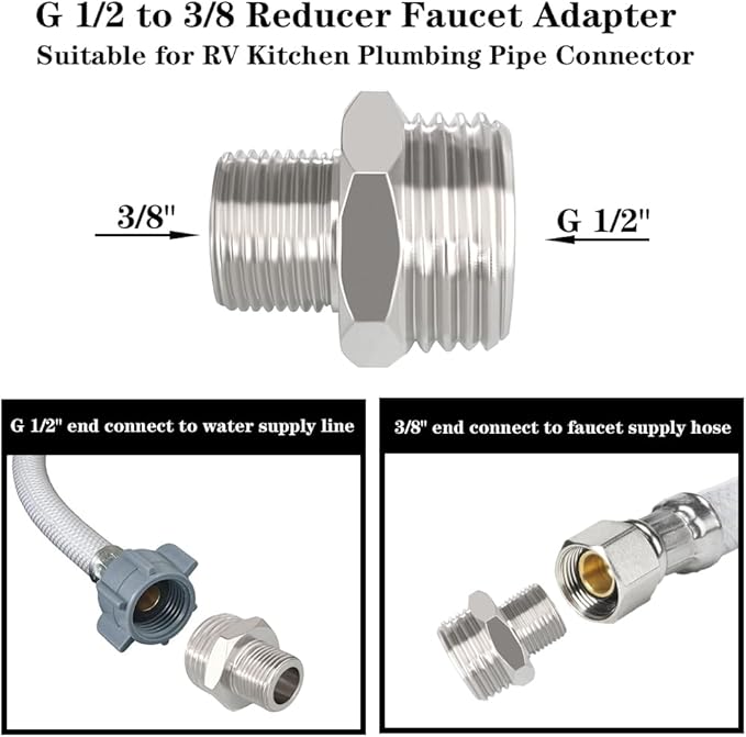 Nickel Plated Brass G 1/2 male to 3/8 Male Compression Reducer Faucet Adapter Hose Fitting Water Supply Line Adapter for RV Kitchen Plumbing Pipe Connector 4PCS