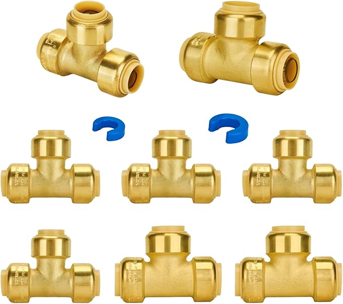 SUNGATOR Push Fitting Set, 1/2 Inch Pushfit Tee (5 PCS), 3/4 Inch Pushfit Tee (3 PCS), No Lead Brass Push to Connect Plumbing Fittings for Pex Pipe, Copper, CPVC, with 2 Disconnect Clips, Pack of 8