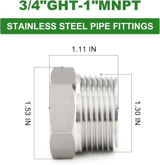 TAISHER 2PCS 304 Stainless Steel Garden Hose Adapter, Hex Bushing 3/4" GHT Female x 1" NPT Male Garden Hose Connector