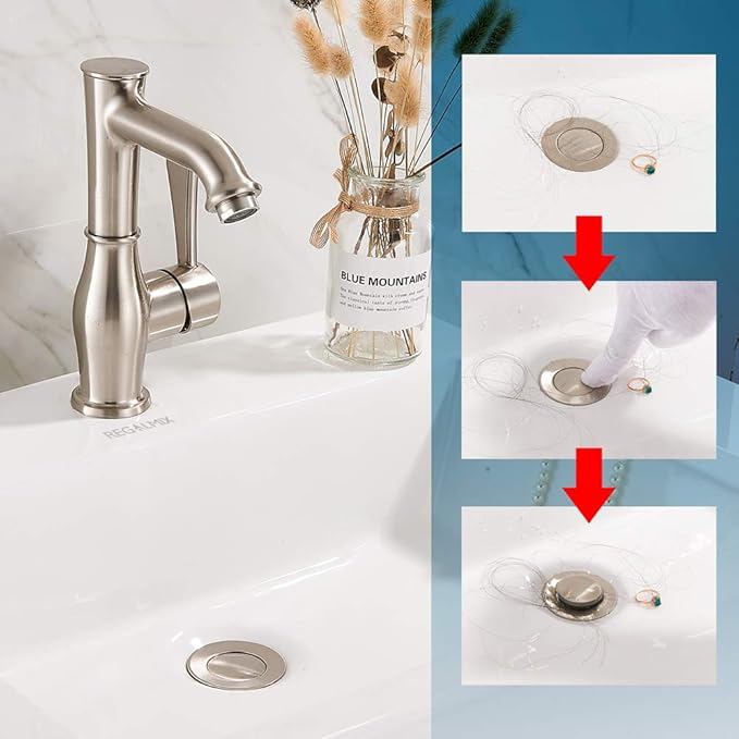 Vessel Sink Drain, Bathroom Faucet Vessel Sink Pop Up Drain Stopper Without Overflow Brushed Nickel, Built-in Anti-Clogging Strainer,Fits Standard American Drain Hole1-1/2 to 1-3/4",R085B-BN