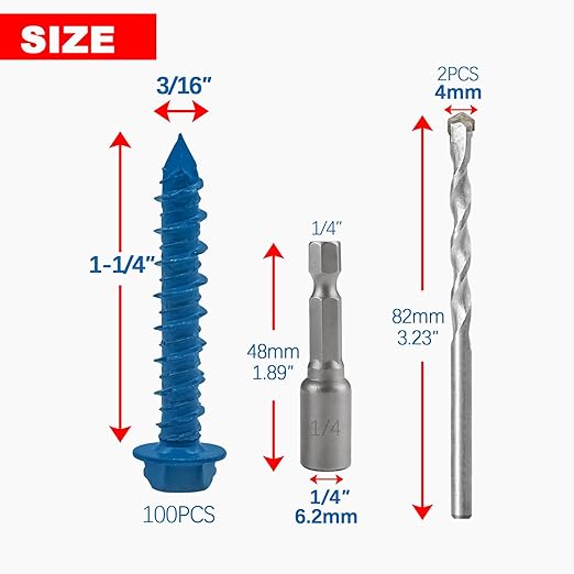 100Pcs 3/16" x1-1/4 Concrete Screws with Drill Bit, Hex Head Concrete Cement Screws Anchor Assortment Kit for Masonry, Block Brick or Stucco