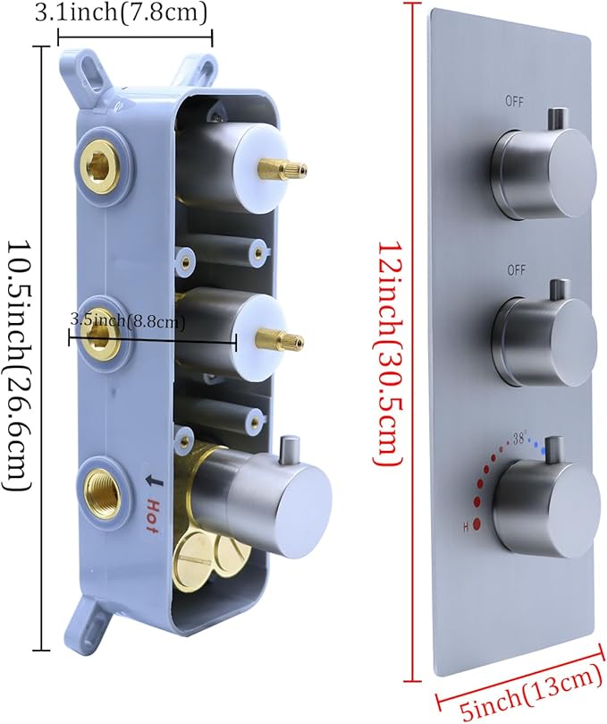 2 Function Shower Thermostatic Valve 3 Round Knob Valve Body Can Control Water Volume and Work at the Same Time Concealed Brass Bathroom Replacement Rough-In Valve(Brushed Nickel, 2-Way)