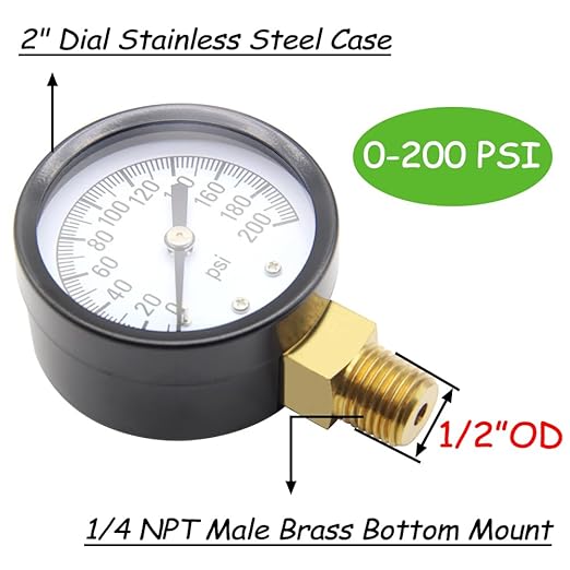 Pressure Gauge 0-200PSI 1/4" NPT Male Brass Bottom Mount 2" Dial Stainless Steel Case Include 1/2" NPT and 3/8" NPT Connector Universal Multifunctional