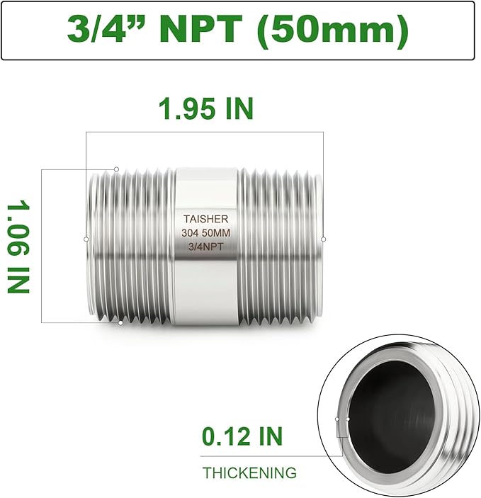 TAISHER 2PCS Stainless Steel Pipe Fittings, 3/4" NPT Male x 3/4" NPT Male Threaded, 2" Length Thickened Nipple Cast Pipe