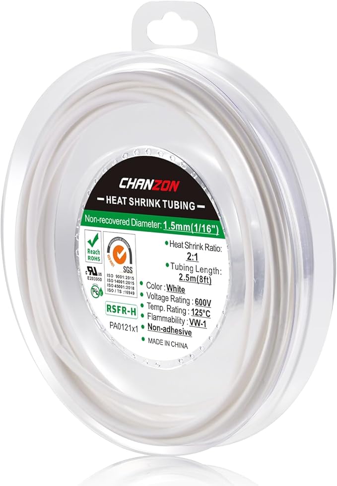 Chanzon 2:1 Ratio 1/16" (1.5mm) Heat Shrink Tubing 8Ft Roll (2.5M Total Length) White Polyolefin Sleeving Wrap Shrinking 2 to 1 1pcs