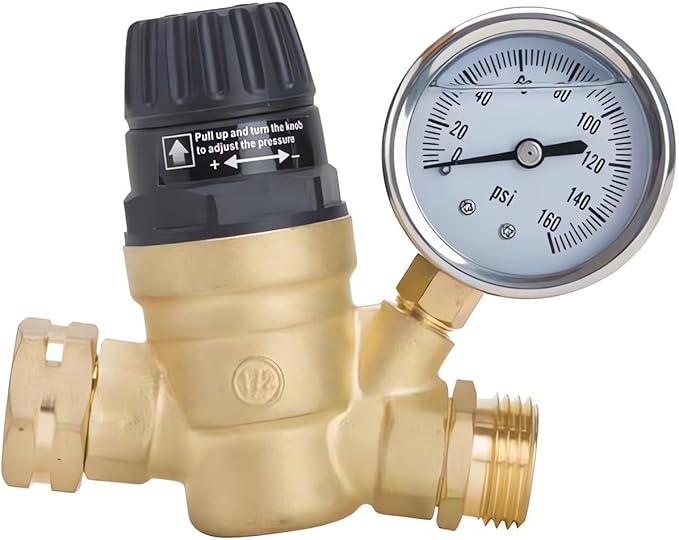 RV water pressure regulator, pressure reducing valve, lead-free brass material, garden irrigation, RV water supply, camper, trailer