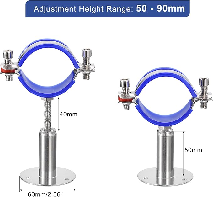 uxcell 2Pcs Stainless Steel Pipe Supports Wall Mount Ceiling Mount Pipe Bracket Adjustable Clamp Pipe Strap Fit for Dia 51-57mm Pipe Tube