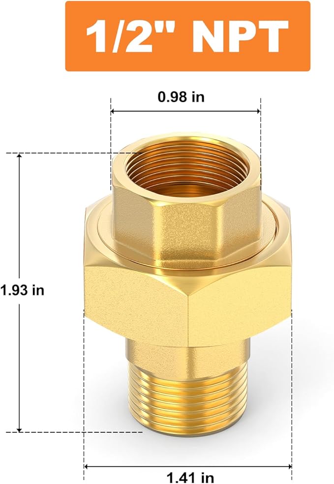 GASHER 2PCS Brass Union，1/2" NPT Male x 1/2" NPT Female Pipe Fitting