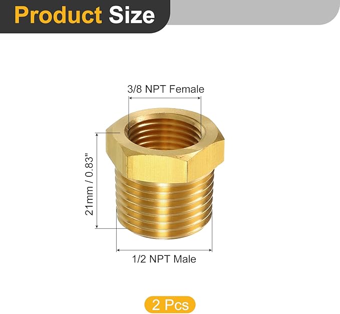 uxcell 2Pcs 1/2 NPT Male x 3/8 NPT Female Brass Reducer Hex Bushing Threaded Pipe Fitting, Brass Threaded Pipe Fitting Adapter for Water, Gas, Oil Pipeline Systems