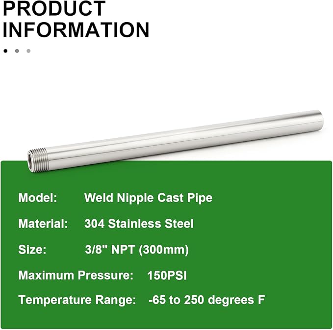 TAISHER 2PCS 304 Stainless Steel Pipe Fittings, 3/8" NPT Male Threaded, 12" Length Weld Nipple Cast Pipe