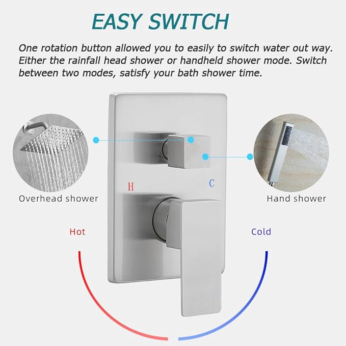 Shower System Brushed Nickel Bathroom Rainfall Shower Faucet Set Complete Wall Mounted 8 Inch Shower Head and Handle Set with Rough-in Valve Body and Trim Kit