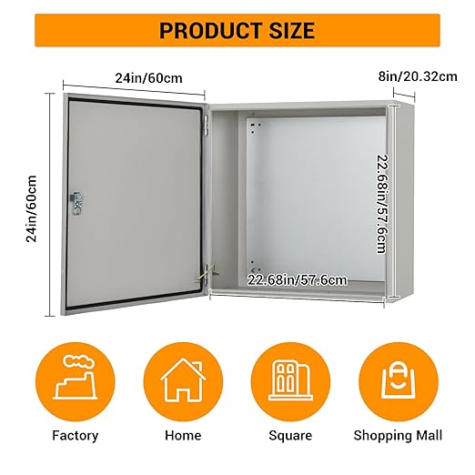 Outdoor Electrical Box, 24"x24"x8" NEMA 4X Steel Enclosure, IP67 Waterproof & Dustproof, Lockable Electrical Junction Box with Mounting Plate and 2 Keys, Indoor and Outdoor Use