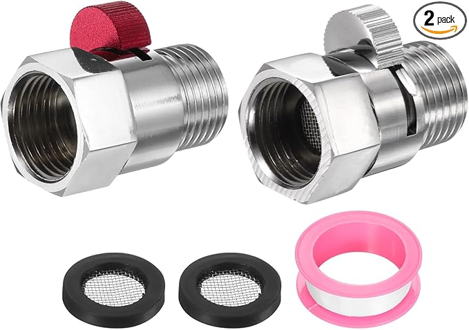 uxcell 2 Set G1/2" Female x Male Shower Shut Off Valve, Brass Water Flow Control Valve for Shower Head with Hose Flow Restrictor, Red/Silver