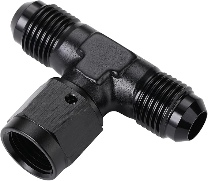6AN Male Flare Tee T Fitting Adapter with AN6 Female Swivel On Side Aluminum Black