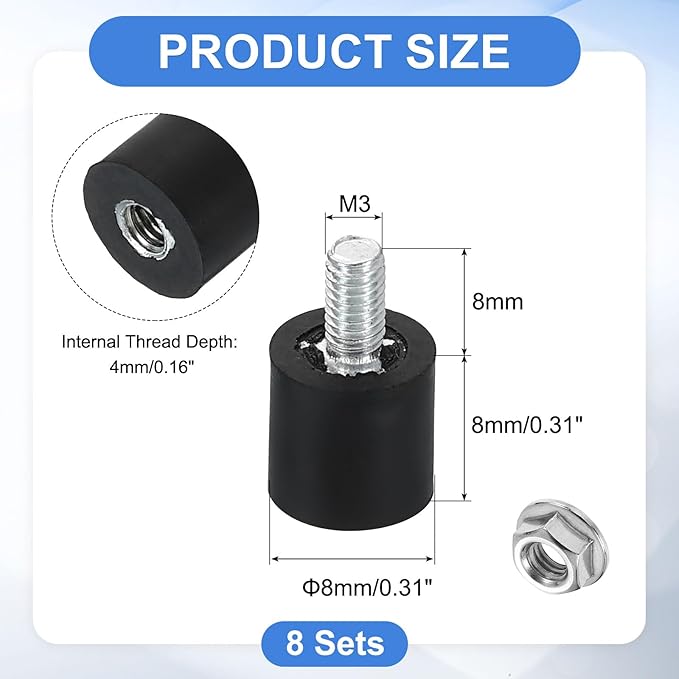 uxcell M3 Rubber Mounts, 8Pcs 8x8mm(DxH) Rubber Cylindrical Anti Vibration Isolator Shock Absorber with Lock Nuts for Car Bobbin Generator Air Compressors