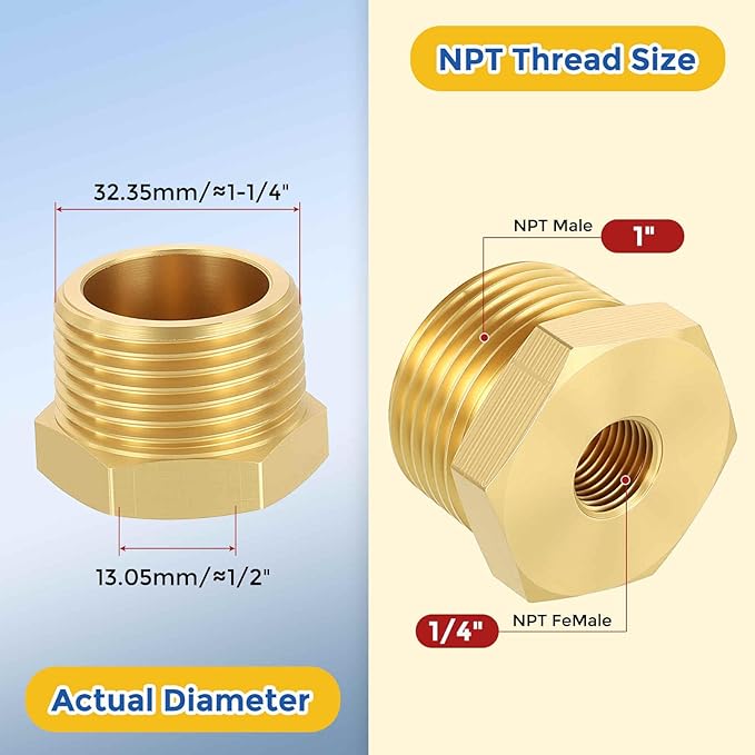 2 Packs Brass Pipe Fittings, 1" Male NPT to 1/4" FeMale NPT Brass Hex Bushing Reducer, Hose Tube Threaded Adapter for Air, Oil, LP