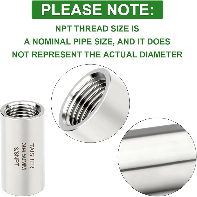 TAISHER 2PCS Stainless Steel Pipe Fittings, 3/8" NPT Female x 3/8" NPT Female Threaded, 2" Length Thickened Nipple Cast Pipe