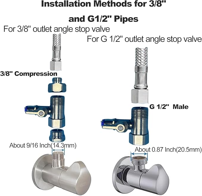 Stainless Steel Water Line Splitter, 3/8" x 3/8" x 1/4" & G1/2"xG1/2"x1/4" Tee Stop Valve with Quick Connect, for RO System, Refrigerator, Ice Maker, Includes 1/4" & 1/4" to 3/8" Adapters + Teflon Ta