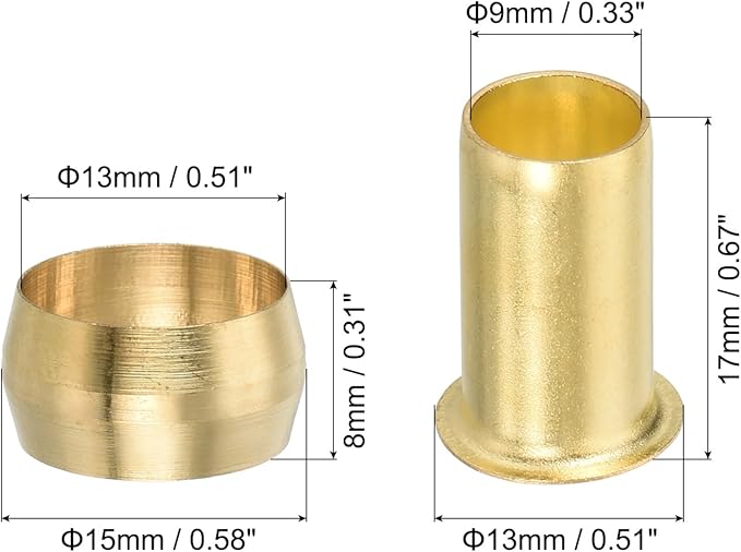 PATIKIL 1/2" Tube ID Compression Assortment Kit, 15 Set Brass Compression Sleeve Ferrule & Insert for Water Oil Air Pipe