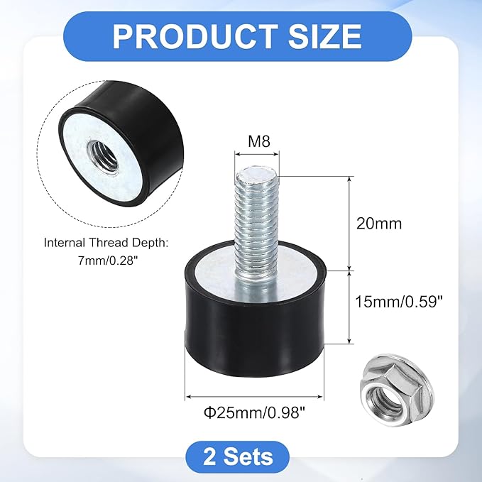 uxcell M8 Rubber Mounts, 2Pcs 24x15mm(DxH) Rubber Cylindrical Anti Vibration Isolator Shock Absorber with Lock Nut for Car Bobbin Generator Air Compressors