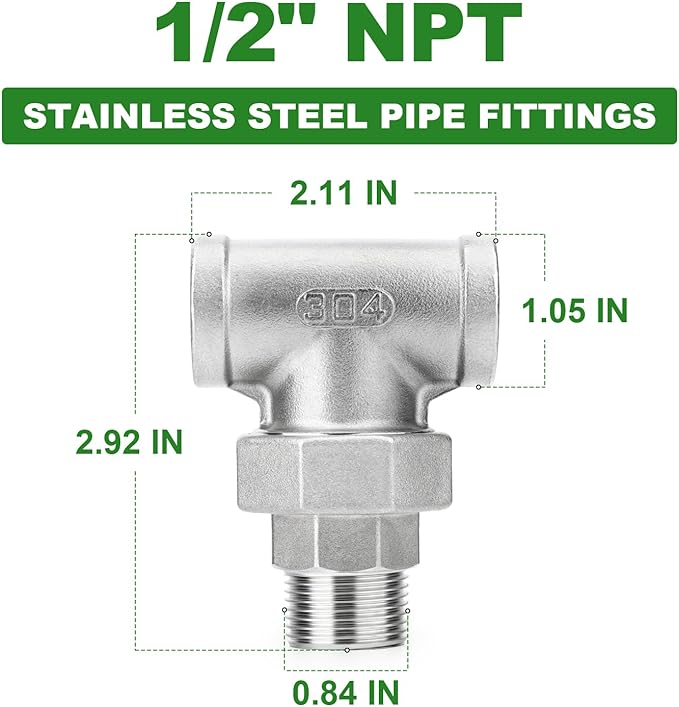 TAISHER 2PCS 304 Stainless Steel 3 Way Tee Union, 1/2" NPT Female x 1/2" NPT Male x 1/2" NPT Female Cast Pipe Fitting
