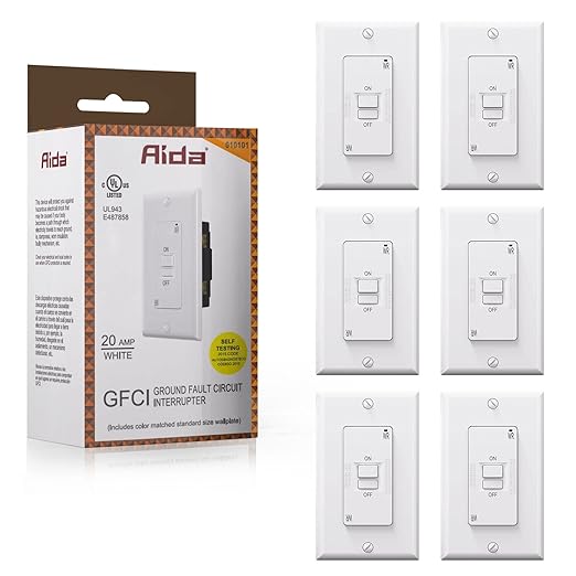 AIDA 20 Amp 120V Blank Face GFCI Weather Resistant Self Test LED Indicator Indoor Outdoor Faceless GFCI WR Outlet with Cover, UL Listed, Back &Side Wire (White, 6 Pack)