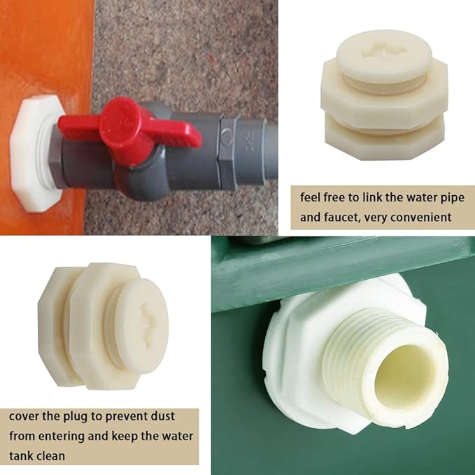 3/4 Female ABS Bulkhead Fitting, Plastic Water Tank Connector Adapter Fitting with Plugs for Outdoor rain Barrel Garden Hose Adapter Spigot kit Water Tank Gallon Drain Bucket(Set of 4)