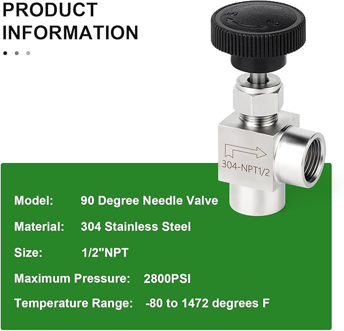 TAISHER 1PCS 304 Stainless Steel 90 Degree Needle Valve 1/2" Female NPT For Flow Control Water Gas Oil With Nipple
