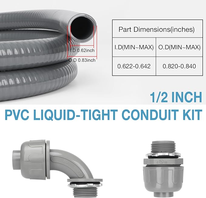 HOXHA 1/2 Inch 6 Ft Electrical Conduit Kit AC Whip Kit Flexible PVC Non Metallic Liquid Tight Conduit, Electrical Wire Conduit Pipe with Straight and 90-Degree Conduit Connector Fittings