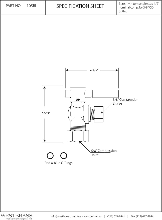 Westbrass R105BL-62 1/4-Turn Lever Handle Angle Stop Shut Off Valve, 5/8" OD x 3/8" OD, Matte Black